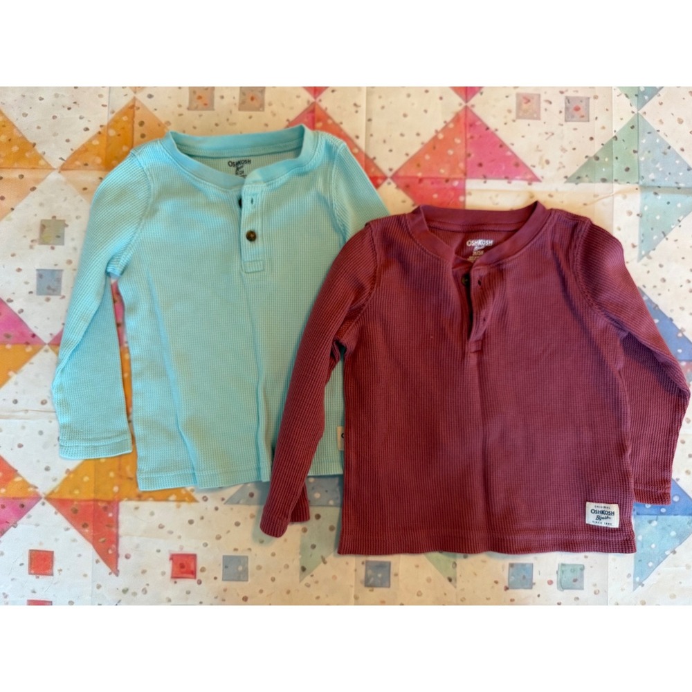 OshKosh Bgosh Toddler Waffle Knit Henley Thermal Shirt Burgundy Maroon 2T